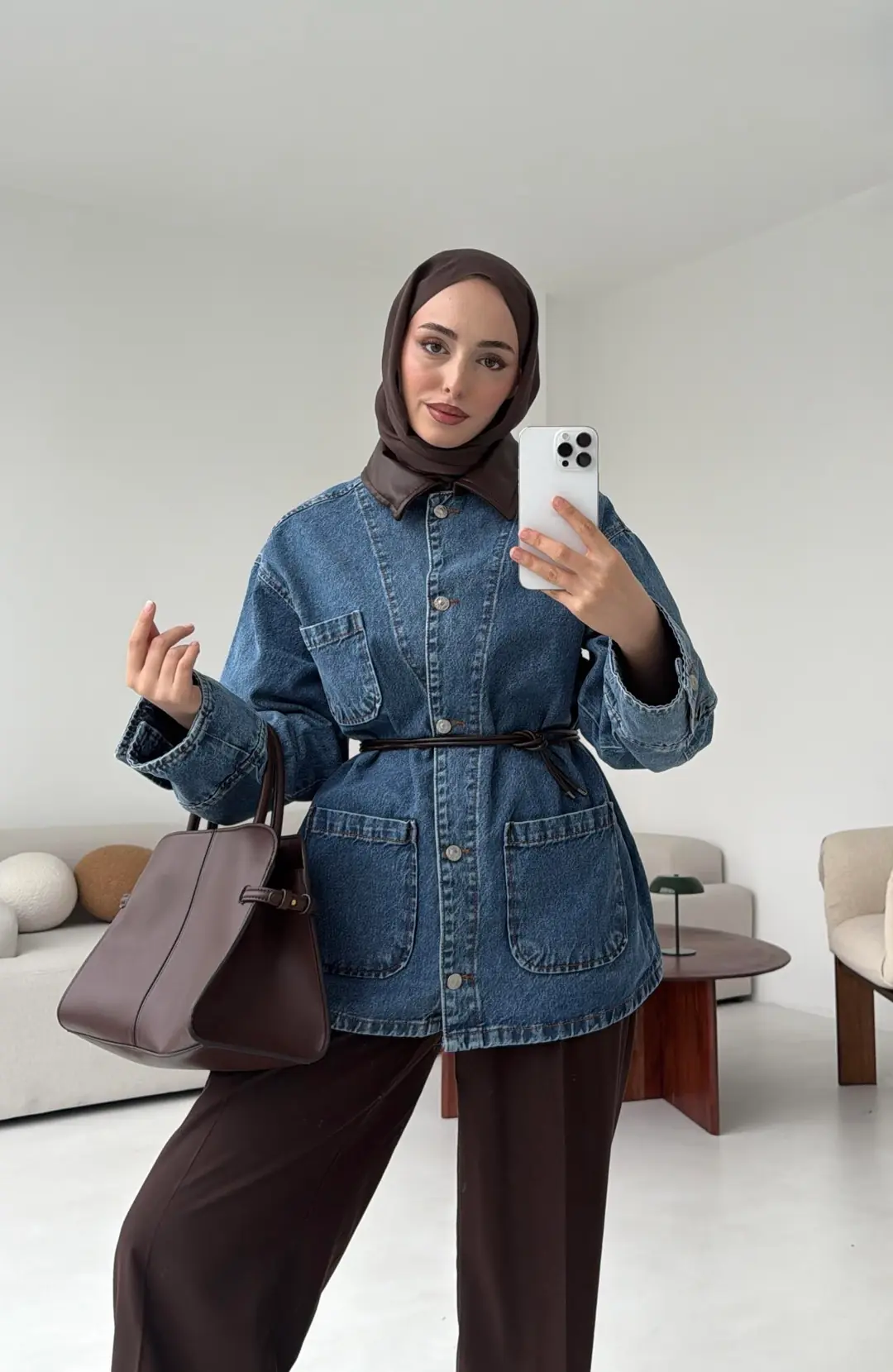 Yakası Deri Denim Ceket