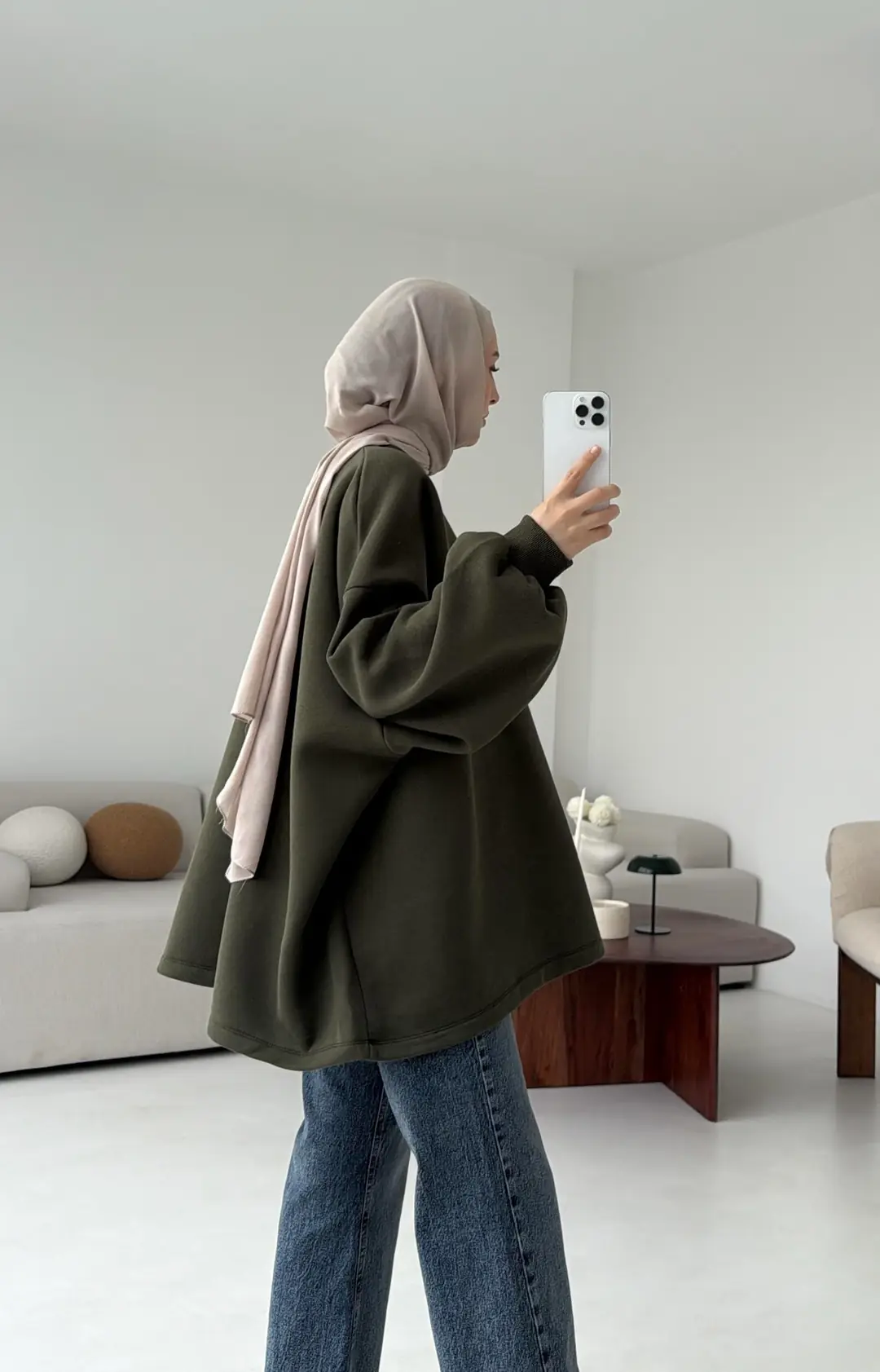 Oversize Şardonlu Sweatshirt Haki