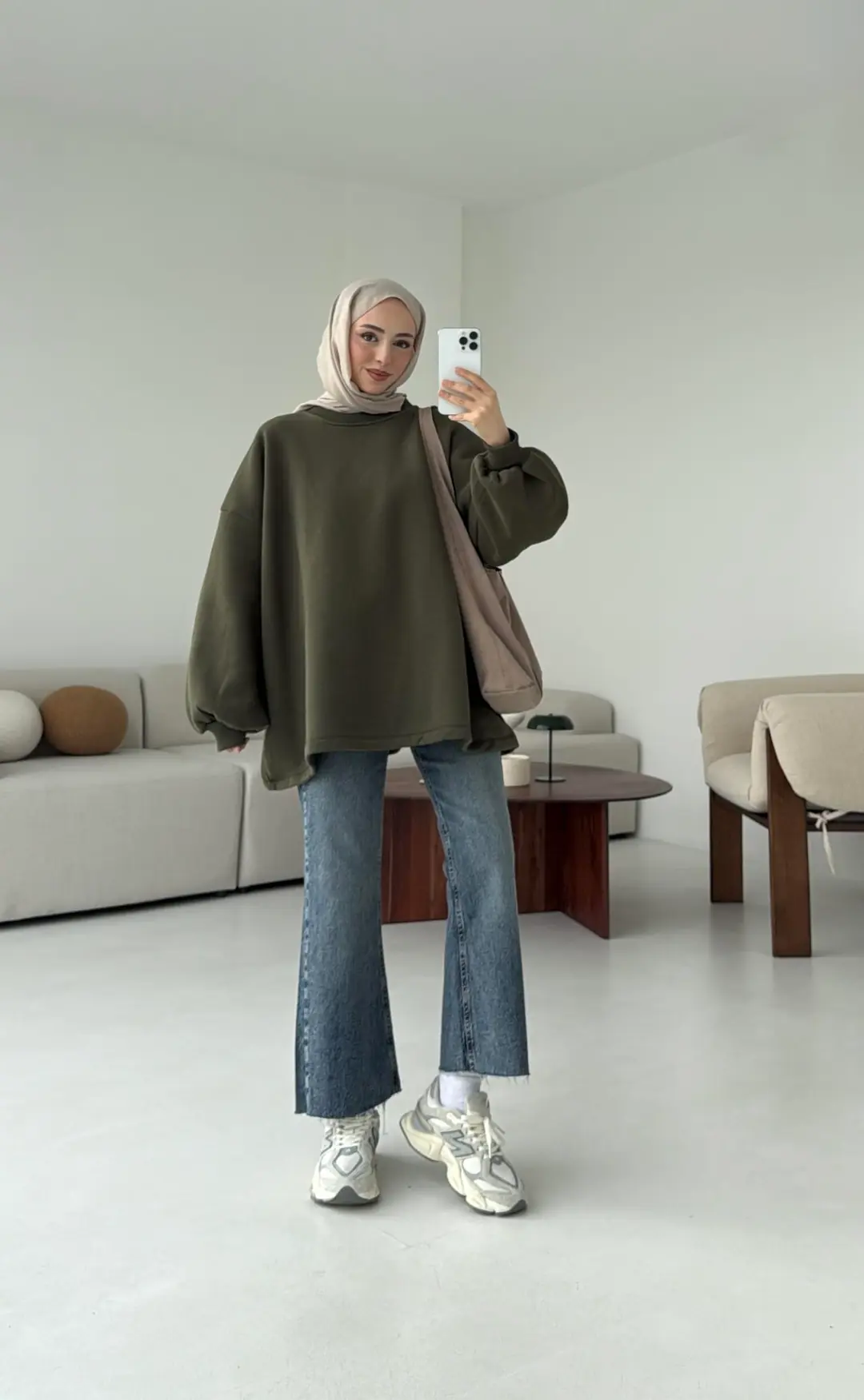 Oversize Şardonlu Sweatshirt Haki