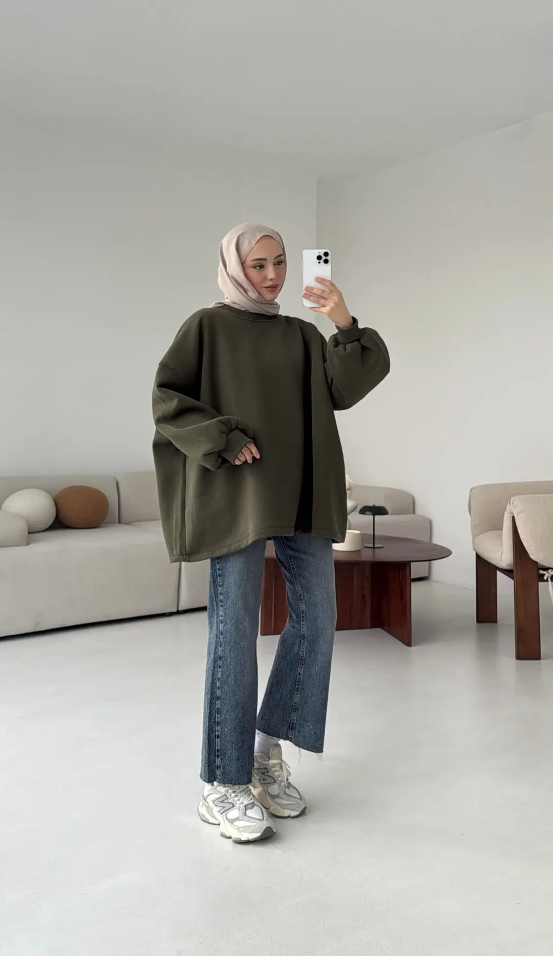 Oversize Şardonlu Sweatshirt Haki