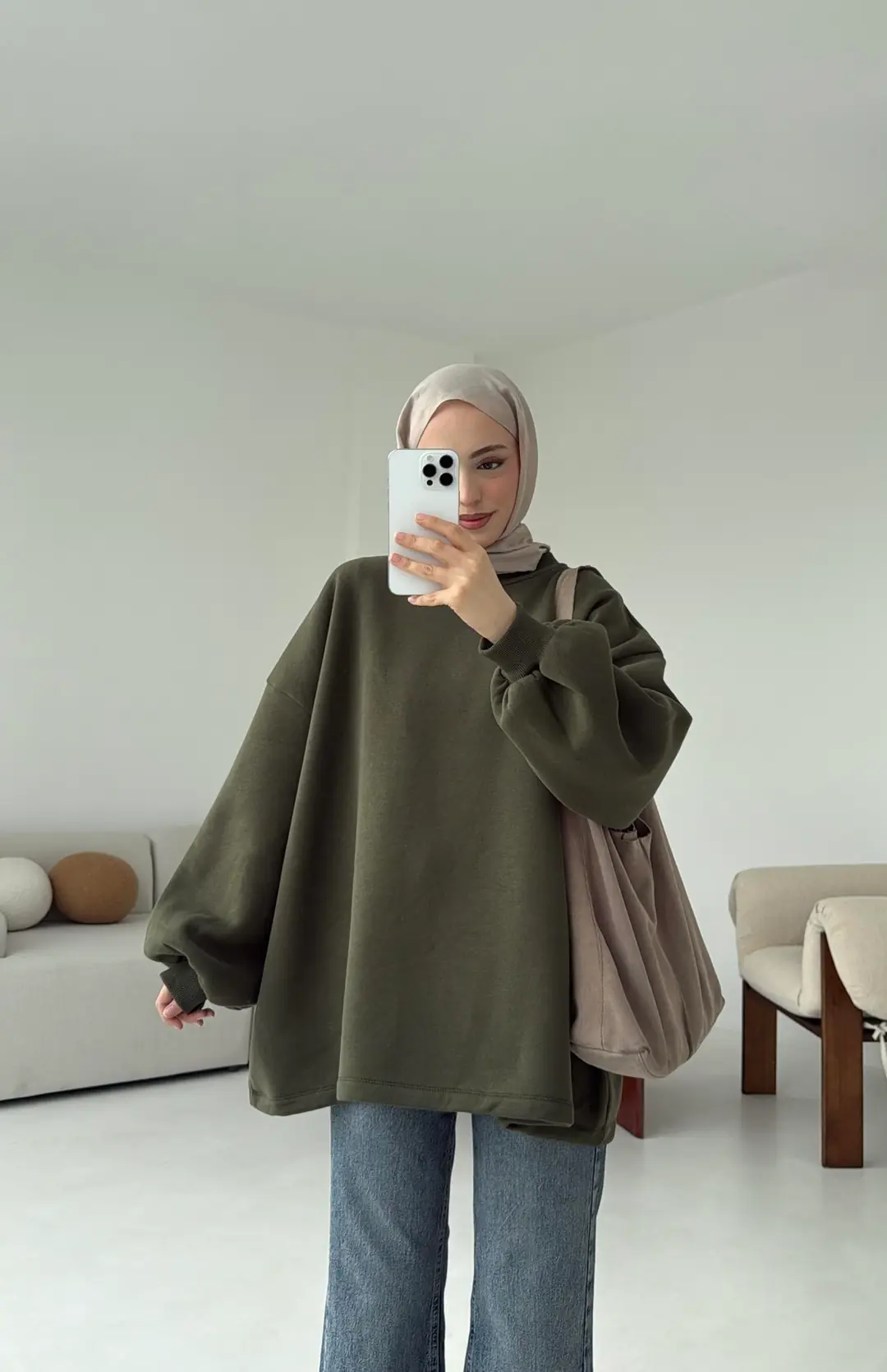 Oversize Şardonlu Sweatshirt Haki
