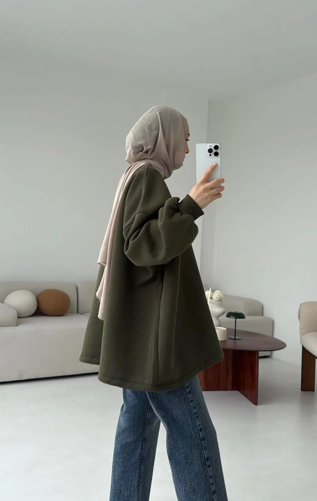 Oversize Şardonlu Sweatshirt Haki