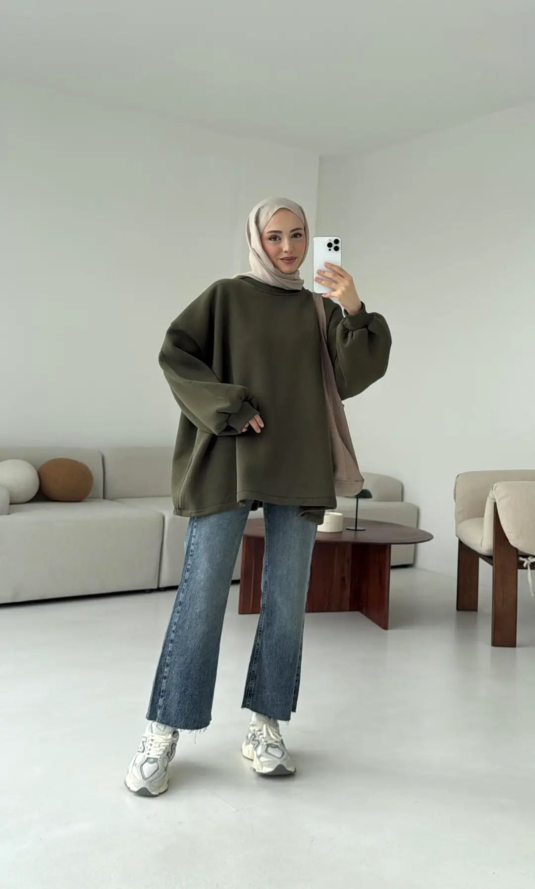 Oversize Şardonlu Sweatshirt Haki