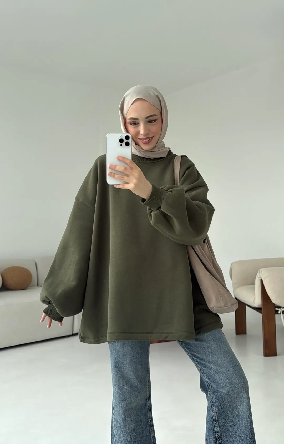 Oversize Şardonlu Sweatshirt Haki