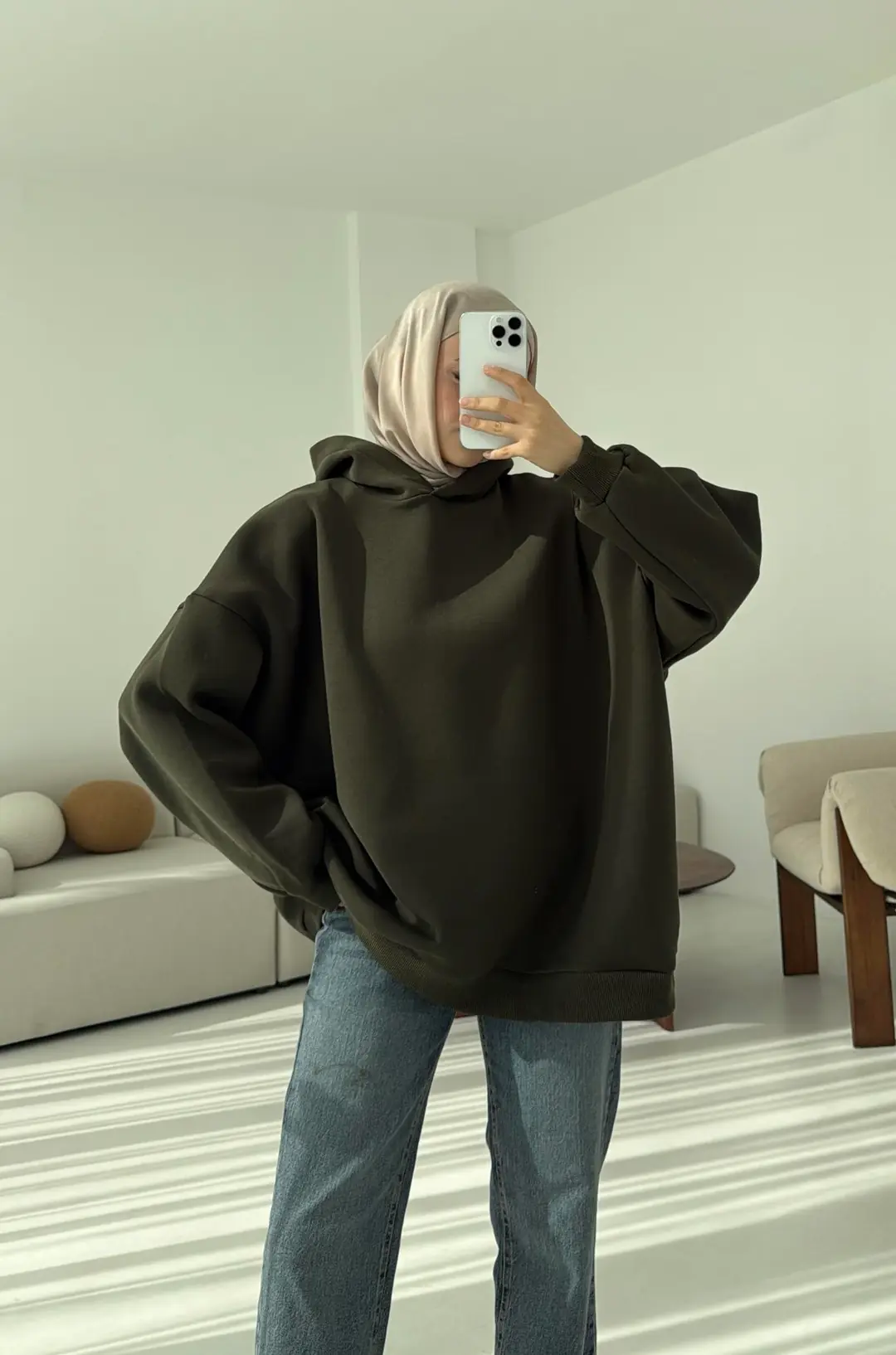 Kapüşonlu Oversize Şardonlu Sweatshirt Haki