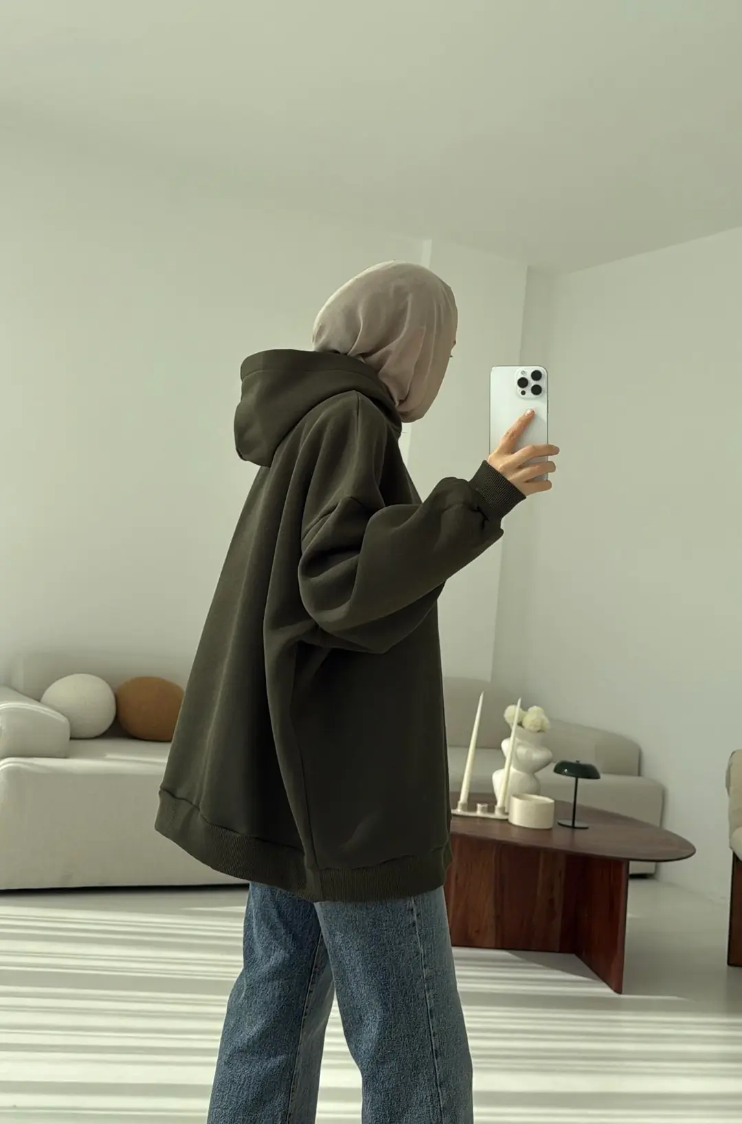 Kapüşonlu Oversize Şardonlu Sweatshirt Haki