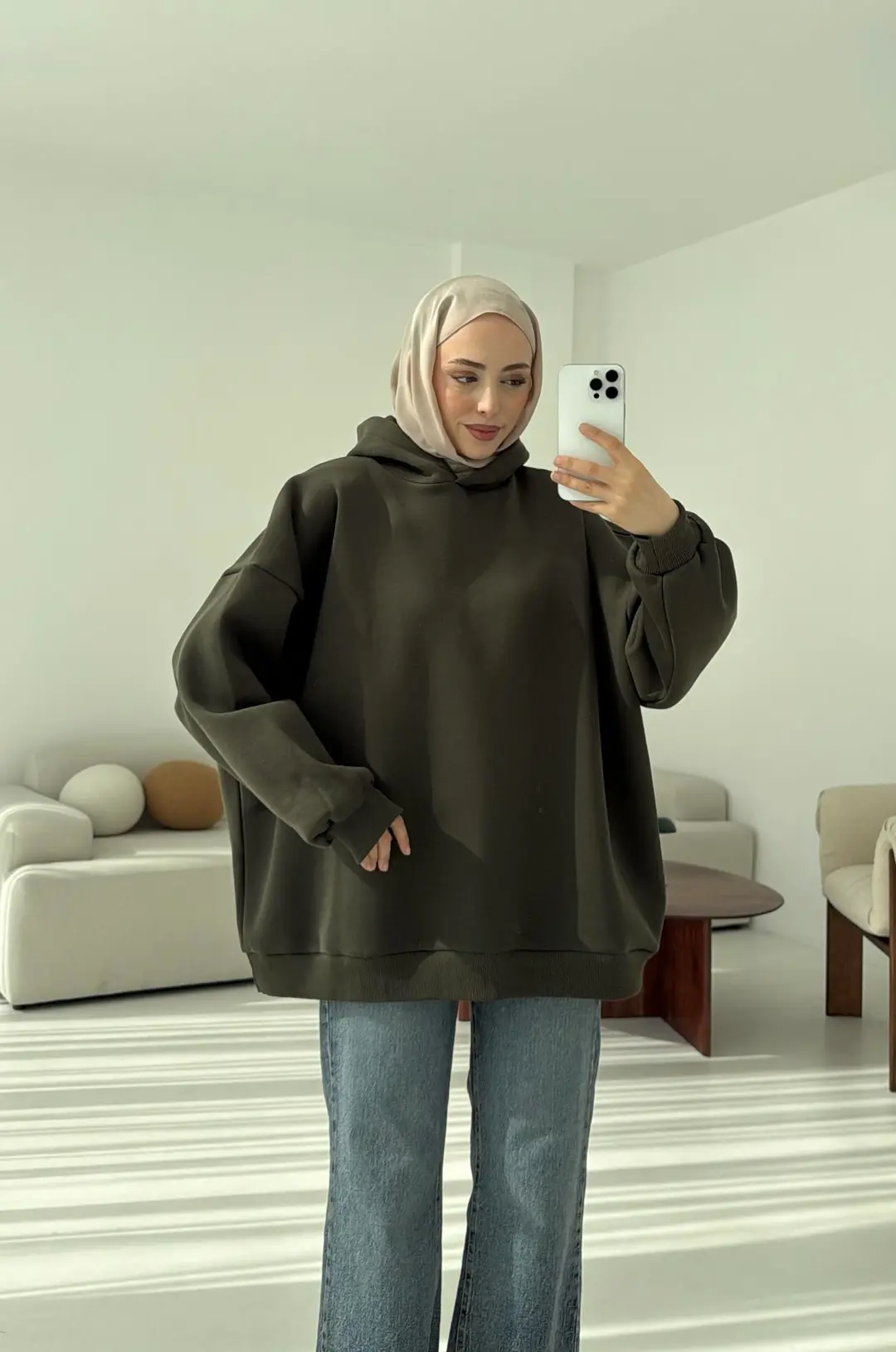 Kapüşonlu Oversize Şardonlu Sweatshirt Haki