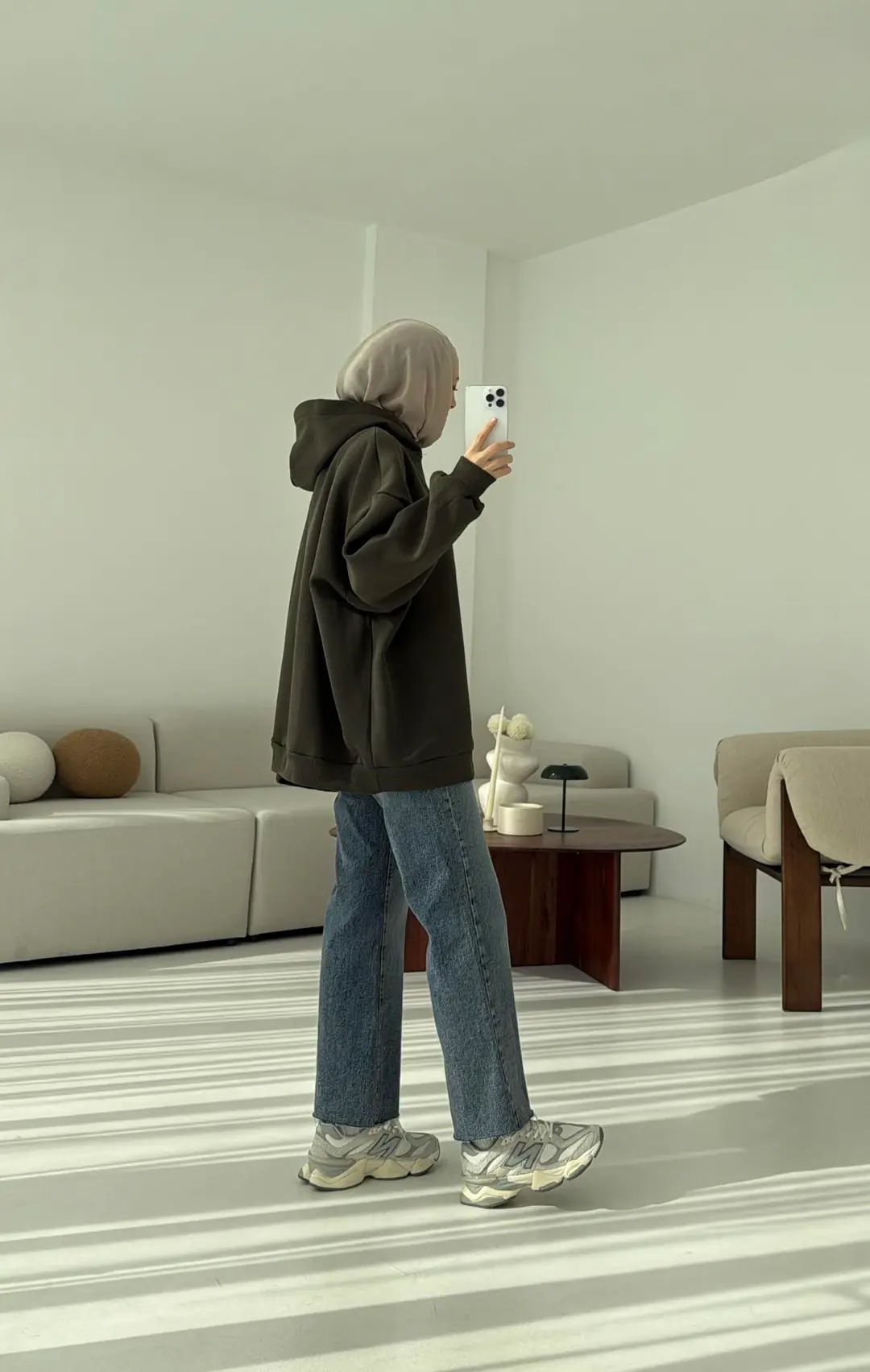 Kapüşonlu Oversize Şardonlu Sweatshirt Haki