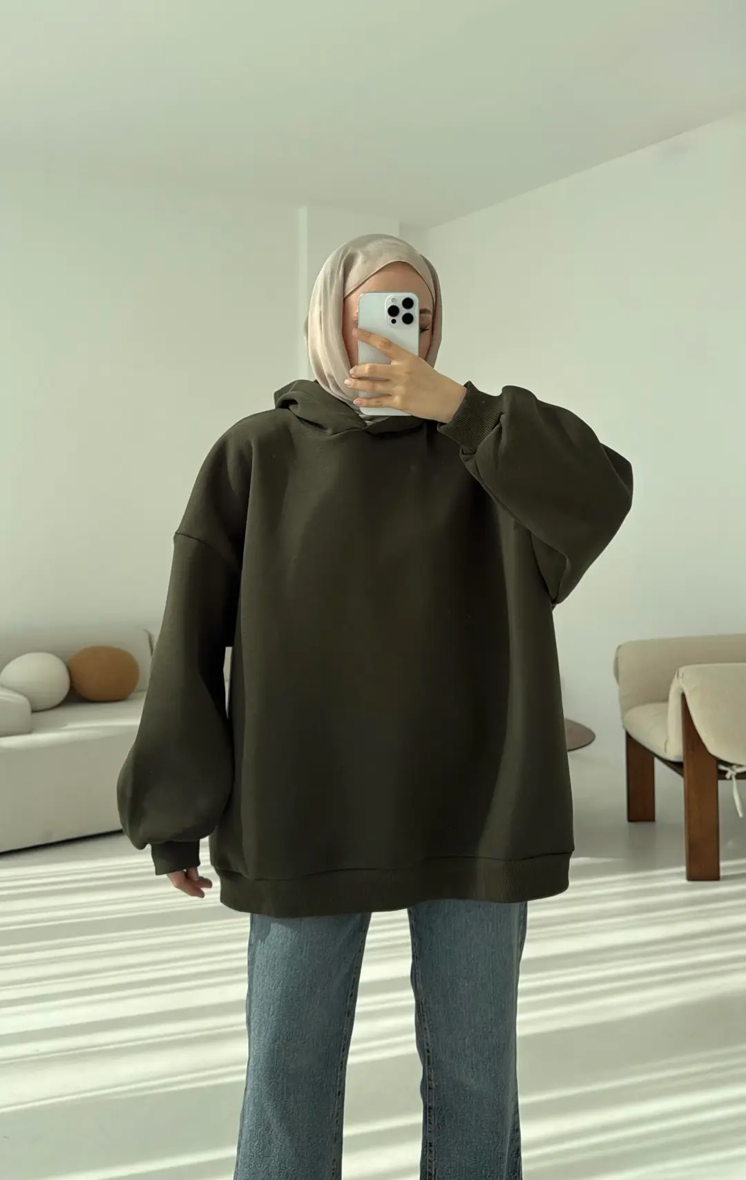 Kapüşonlu Oversize Şardonlu Sweatshirt Haki
