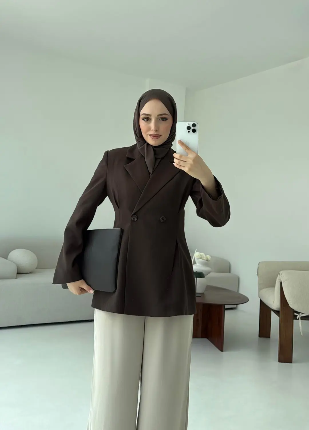 Pile Detay Blazer Ceket Kahve