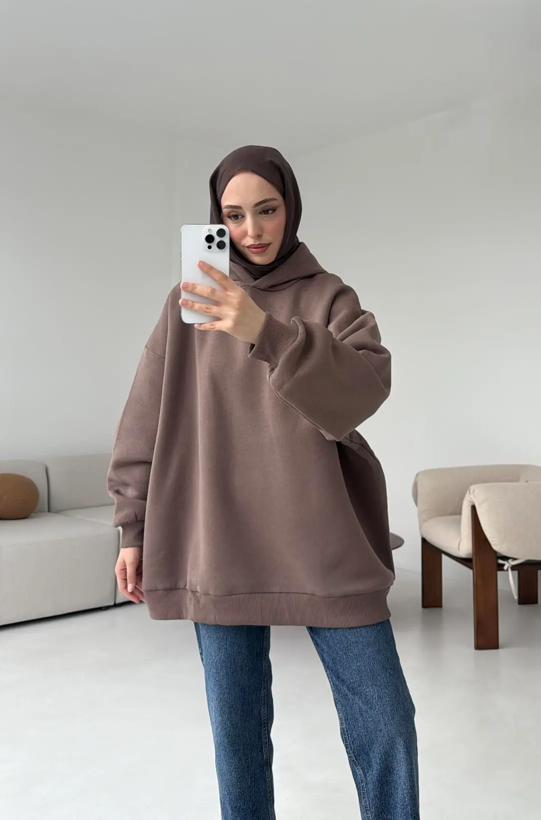Kapüşonlu Oversize Şardonlu Sweatshirt Kahve