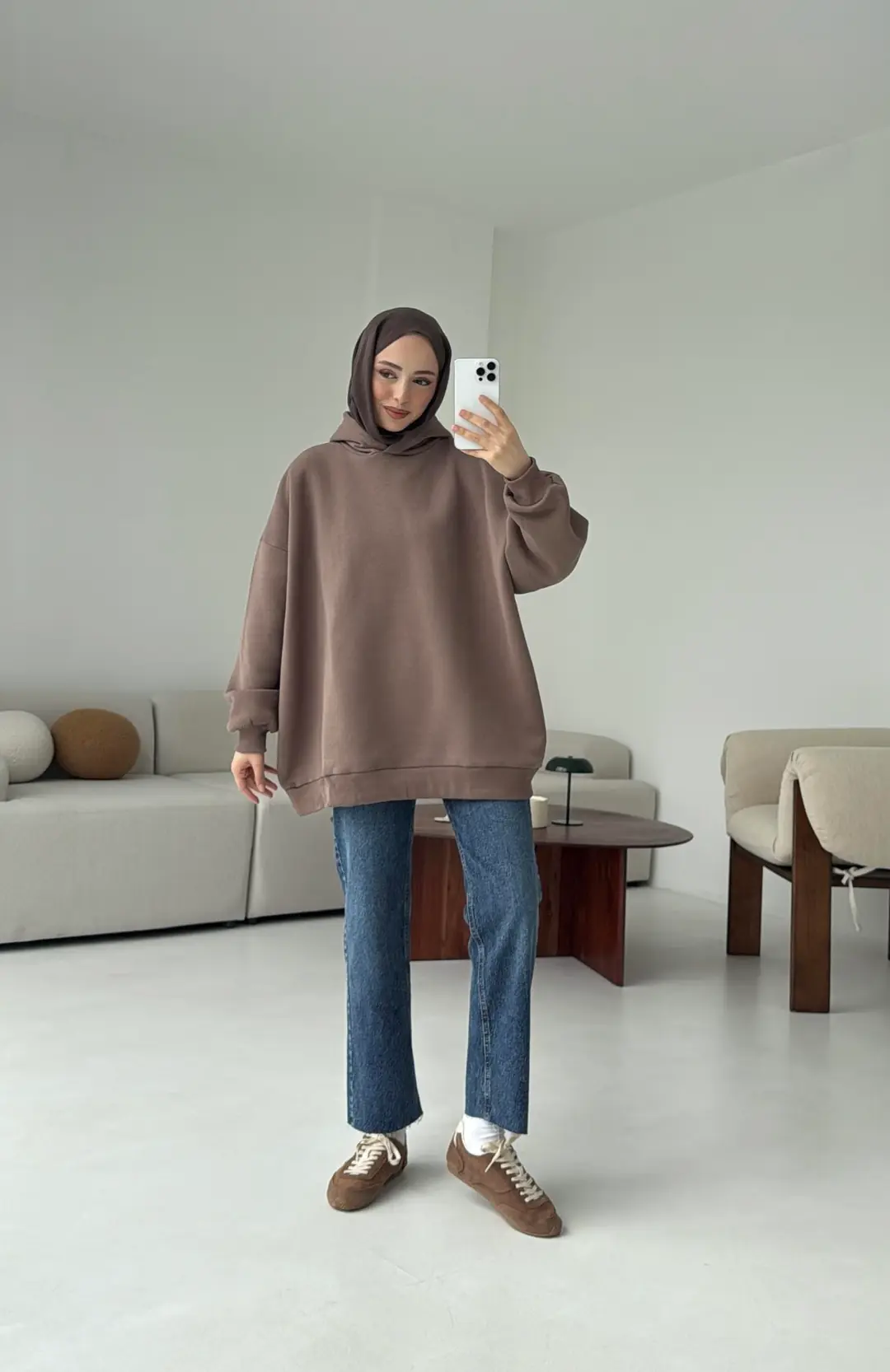 Kapüşonlu Oversize Şardonlu Sweatshirt Kahve