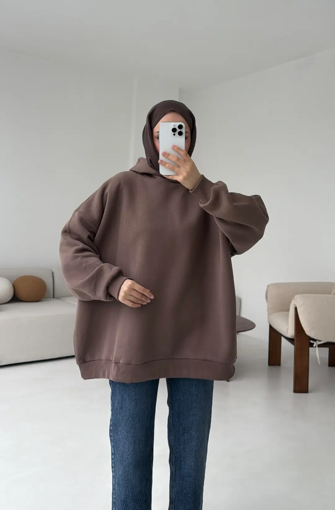 Kapüşonlu Oversize Şardonlu Sweatshirt Kahve