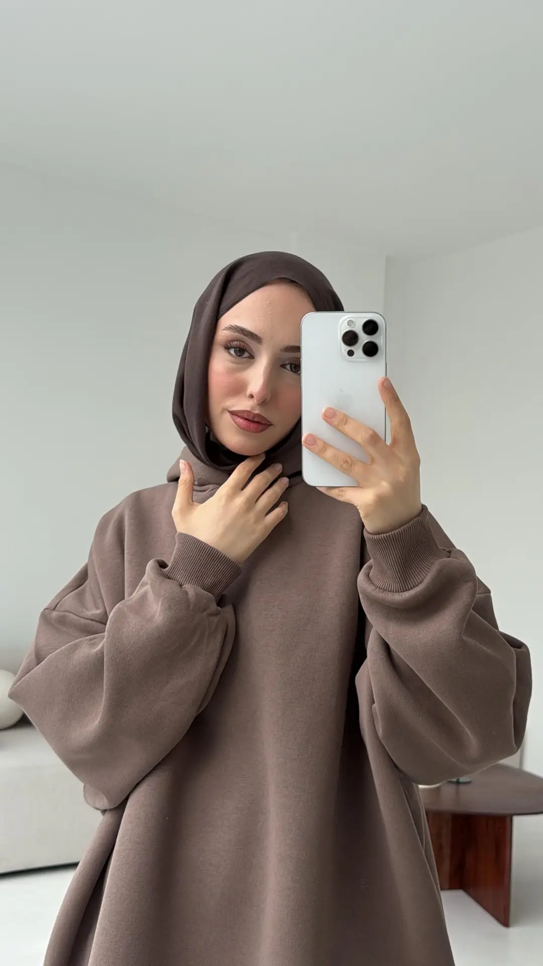 Kapüşonlu Oversize Şardonlu Sweatshirt Kahve