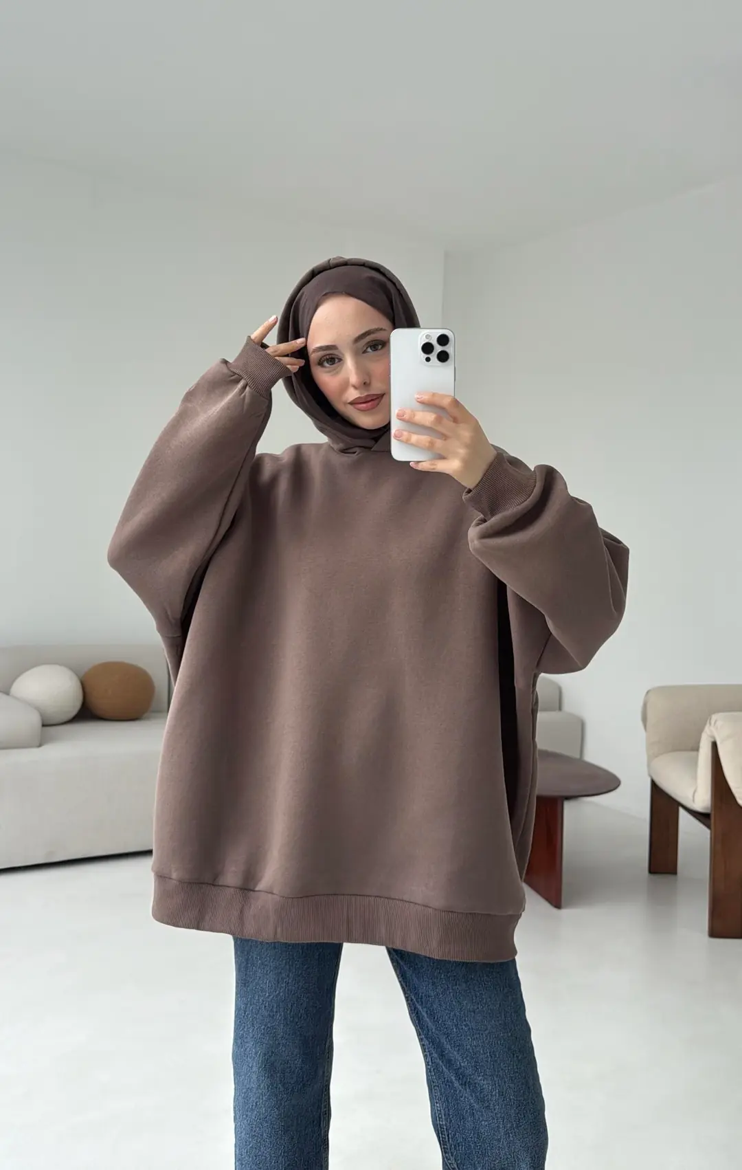 Kapüşonlu Oversize Şardonlu Sweatshirt Kahve