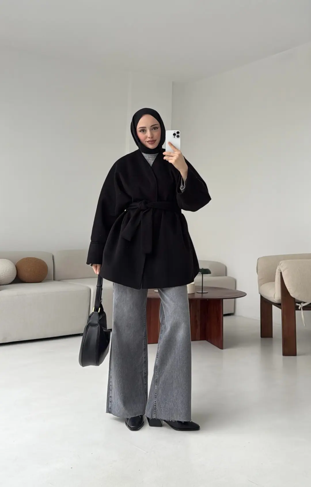Premium Kuşaklı Kaşe Kaban Siyah