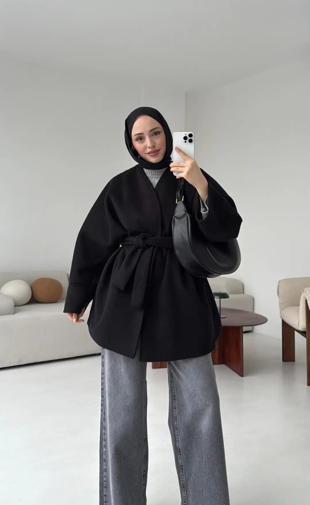 Premium Kuşaklı Kaşe Kaban Siyah