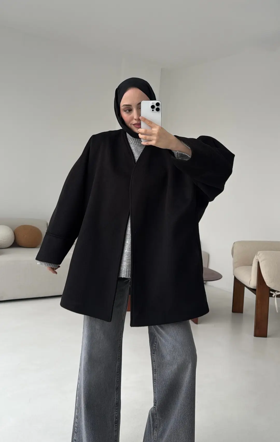 Premium Kuşaklı Kaşe Kaban Siyah