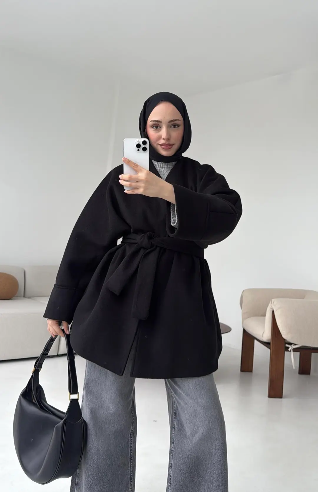 Premium Kuşaklı Kaşe Kaban Siyah