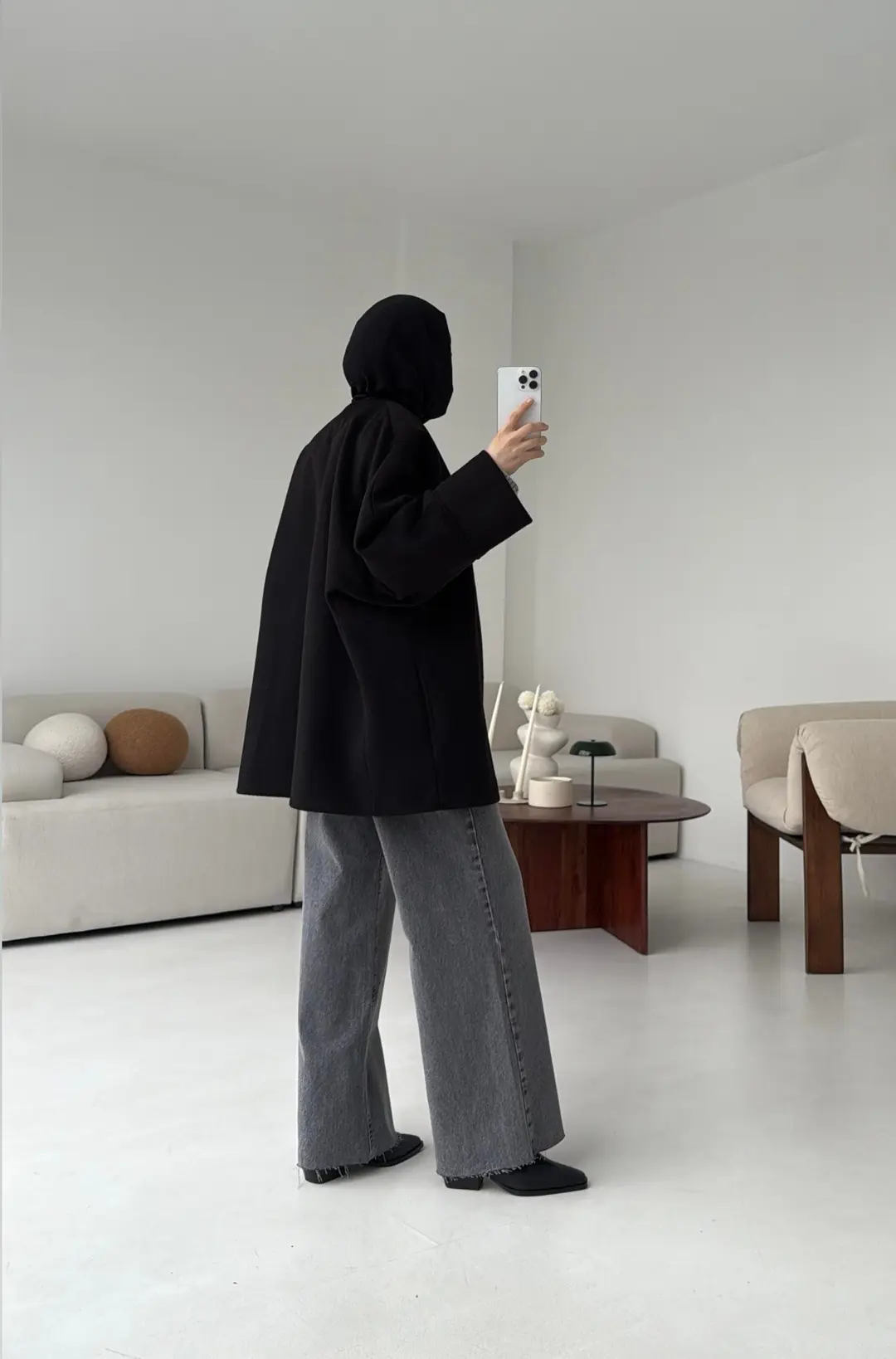 Premium Kuşaklı Kaşe Kaban Siyah