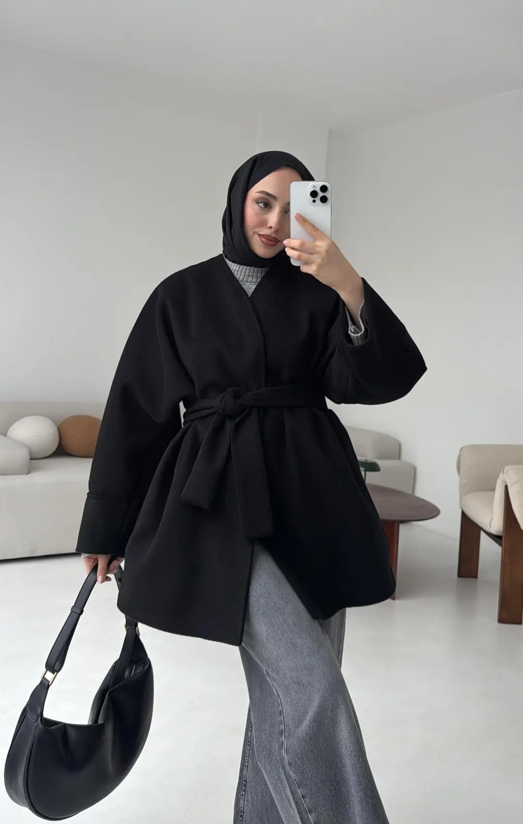 Premium Kuşaklı Kaşe Kaban Siyah