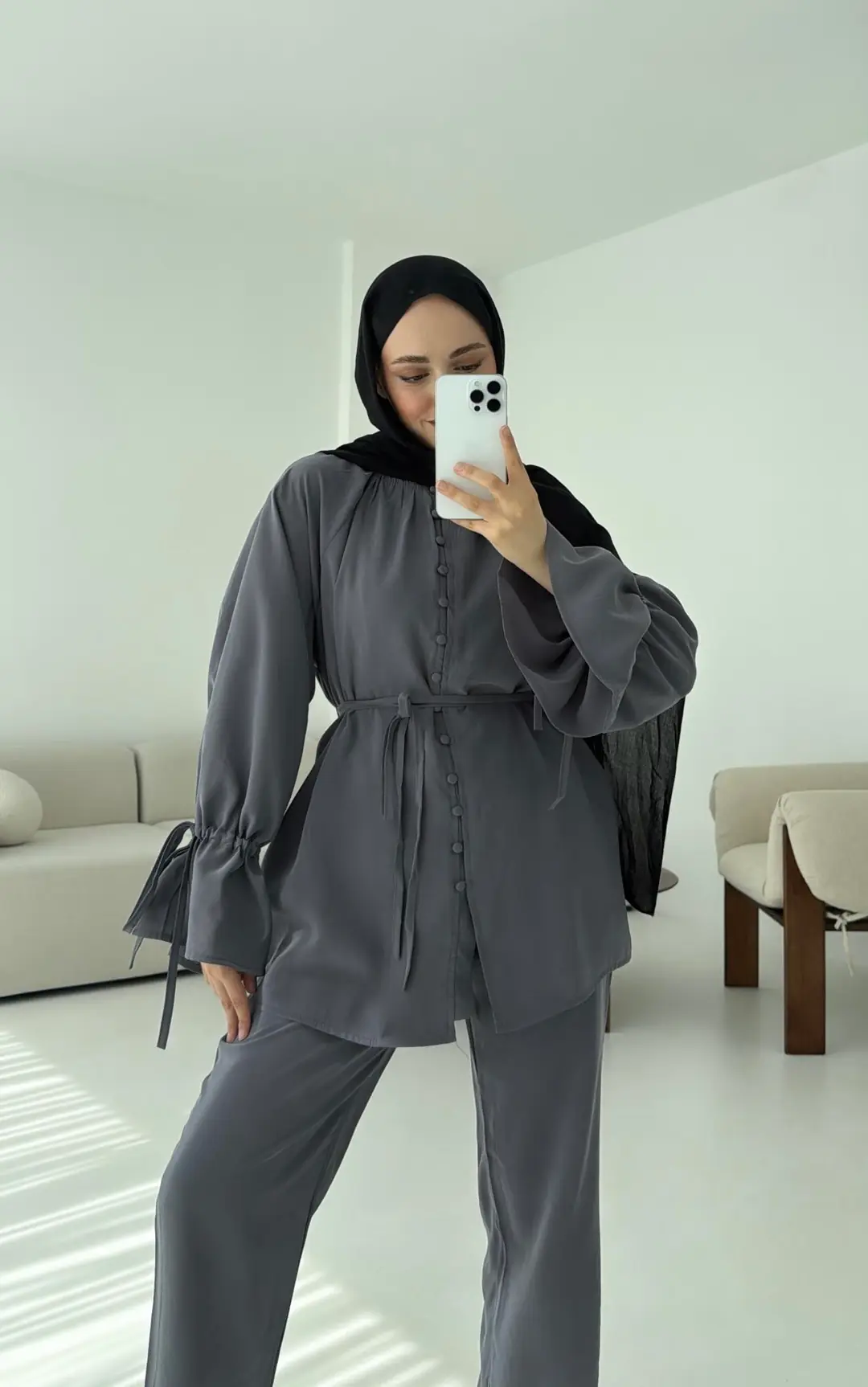 Birit Düğmeli Tencel Takım Antrasit