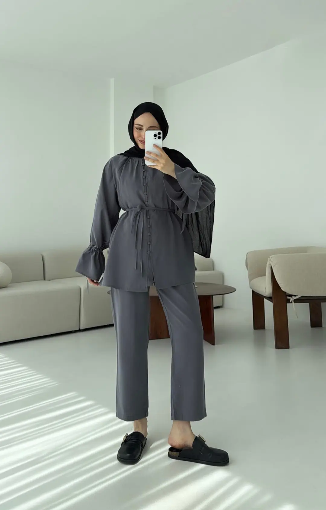 Birit Düğmeli Tencel Takım Antrasit