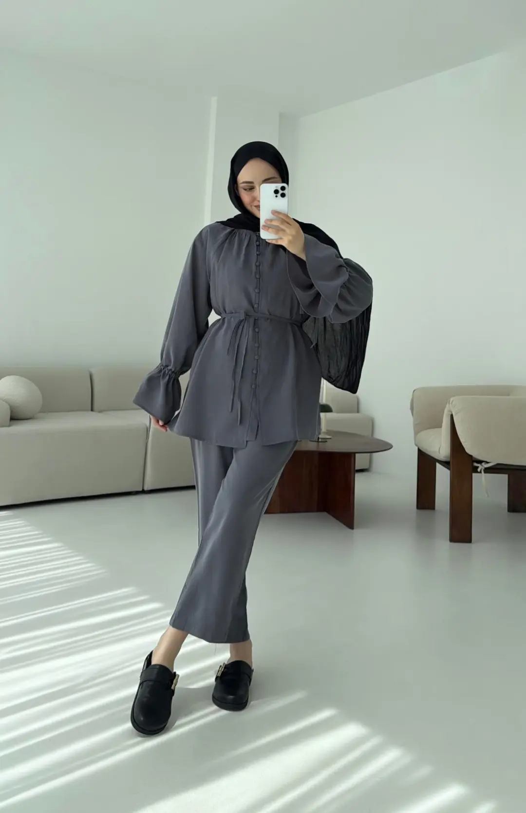 Birit Düğmeli Tencel Takım Antrasit