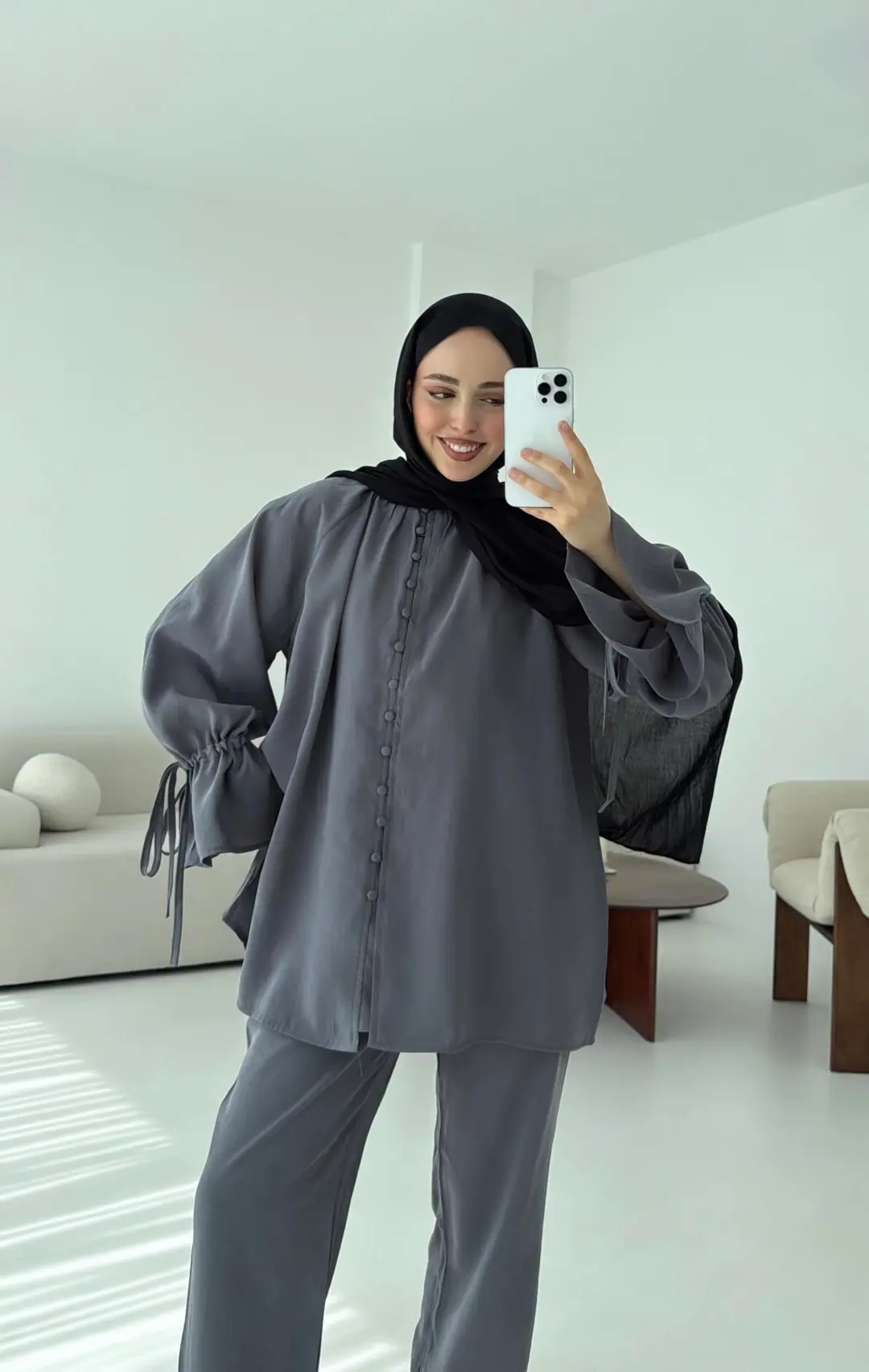 Birit Düğmeli Tencel Takım Antrasit