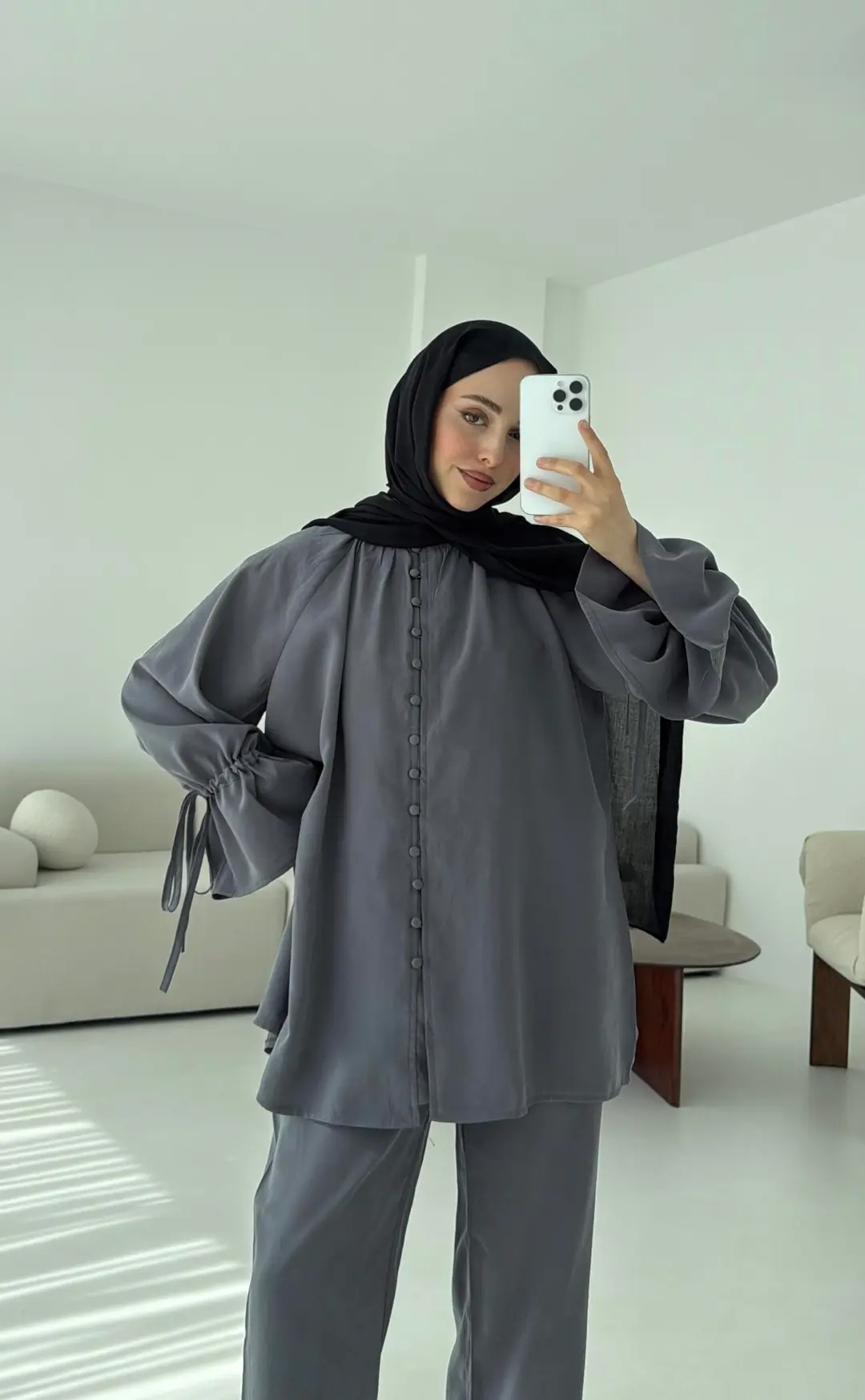 Birit Düğmeli Tencel Takım Antrasit