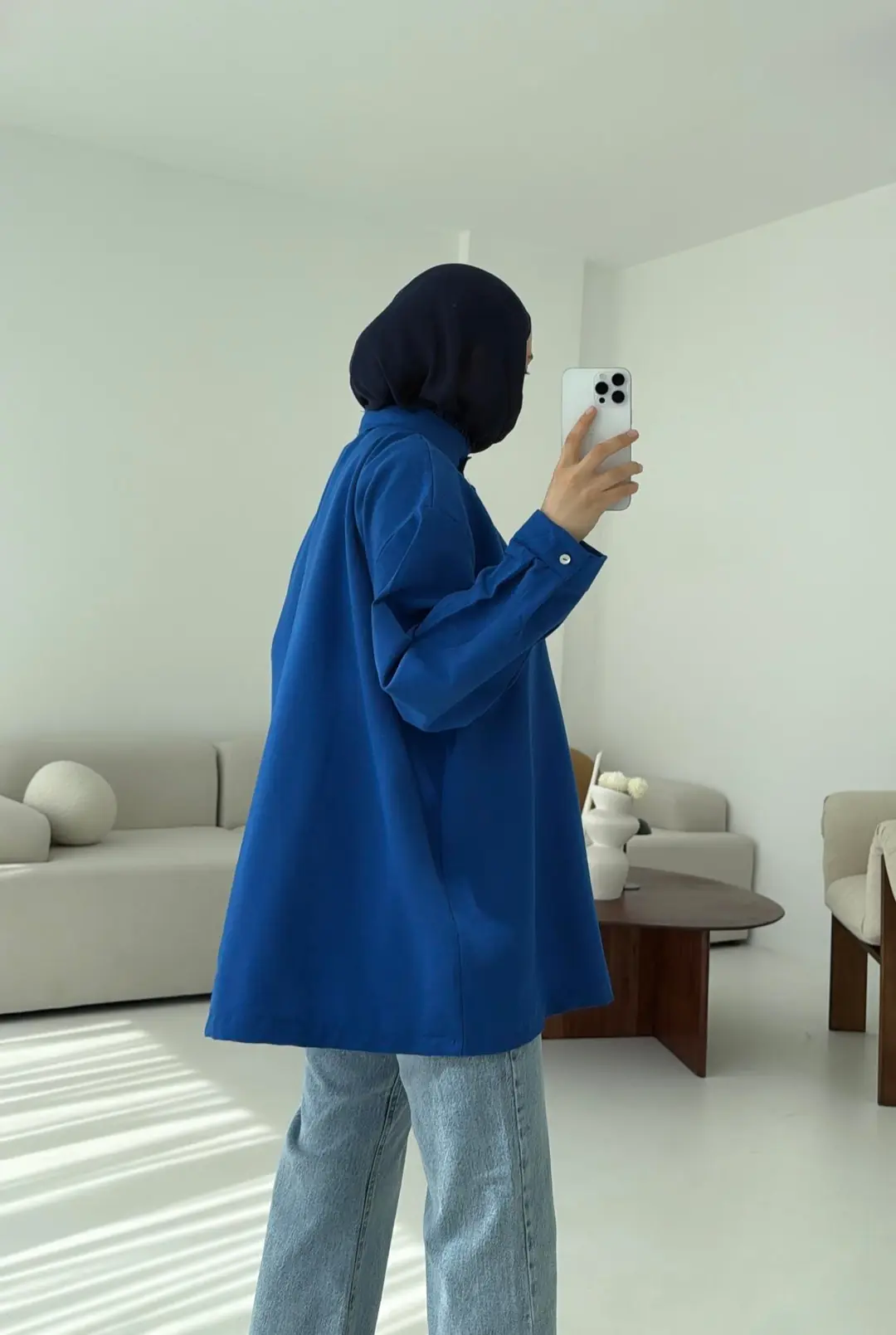 Keten Yarım Dügmeli Gömlek Mavi