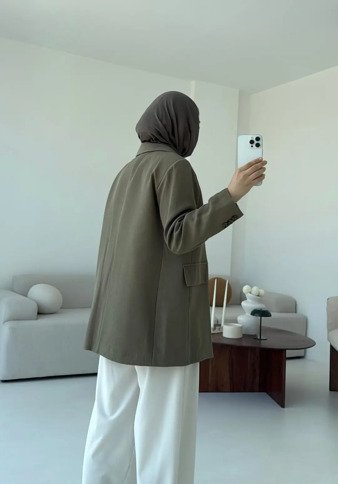 Çift Dügmeli Keten Blazer Haki