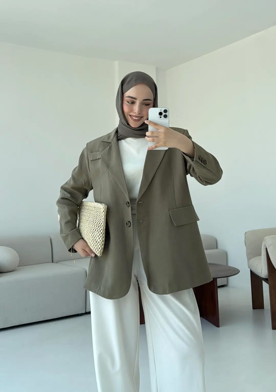Çift Dügmeli Keten Blazer Haki