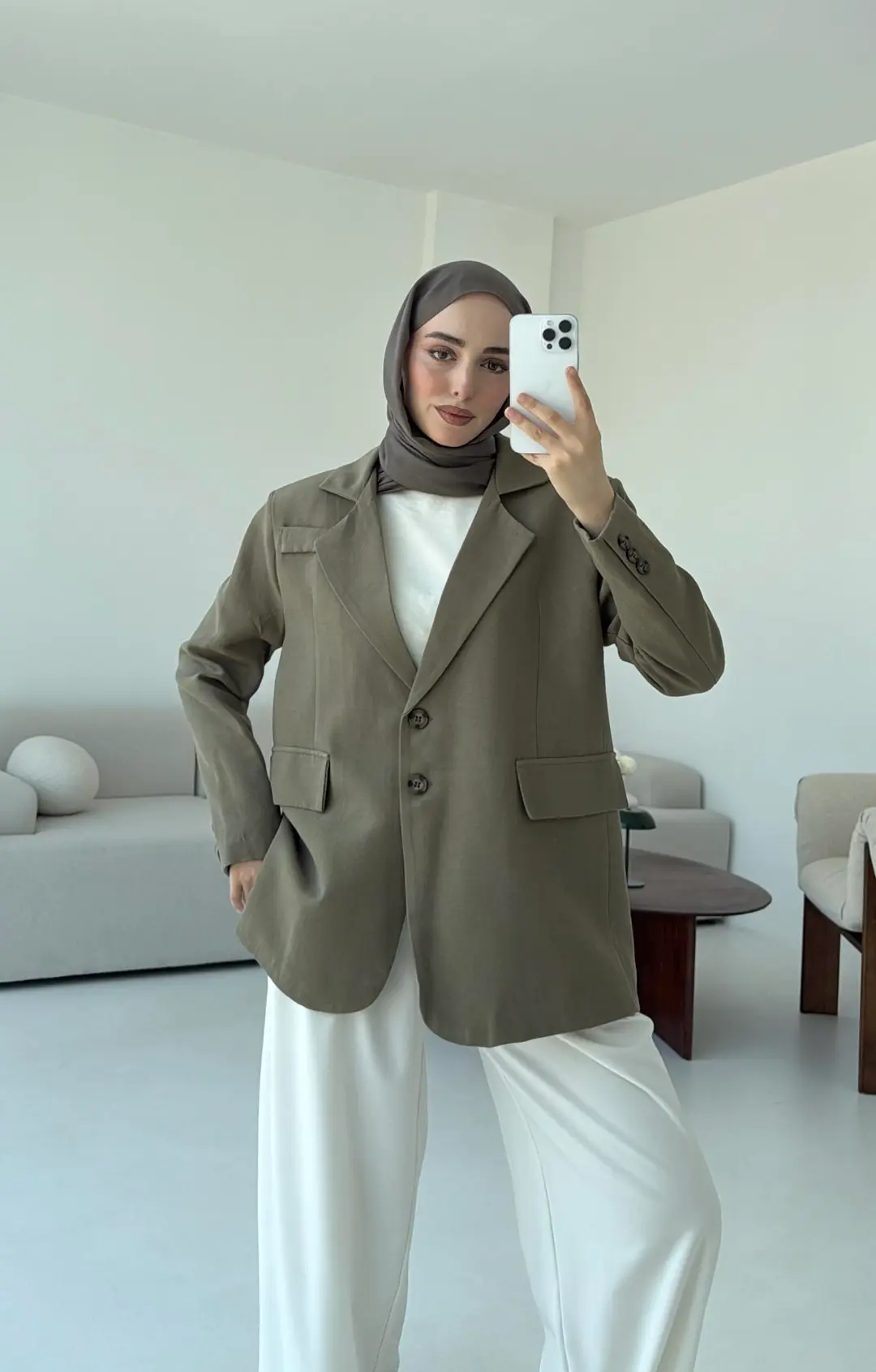 Çift Dügmeli Keten Blazer Haki