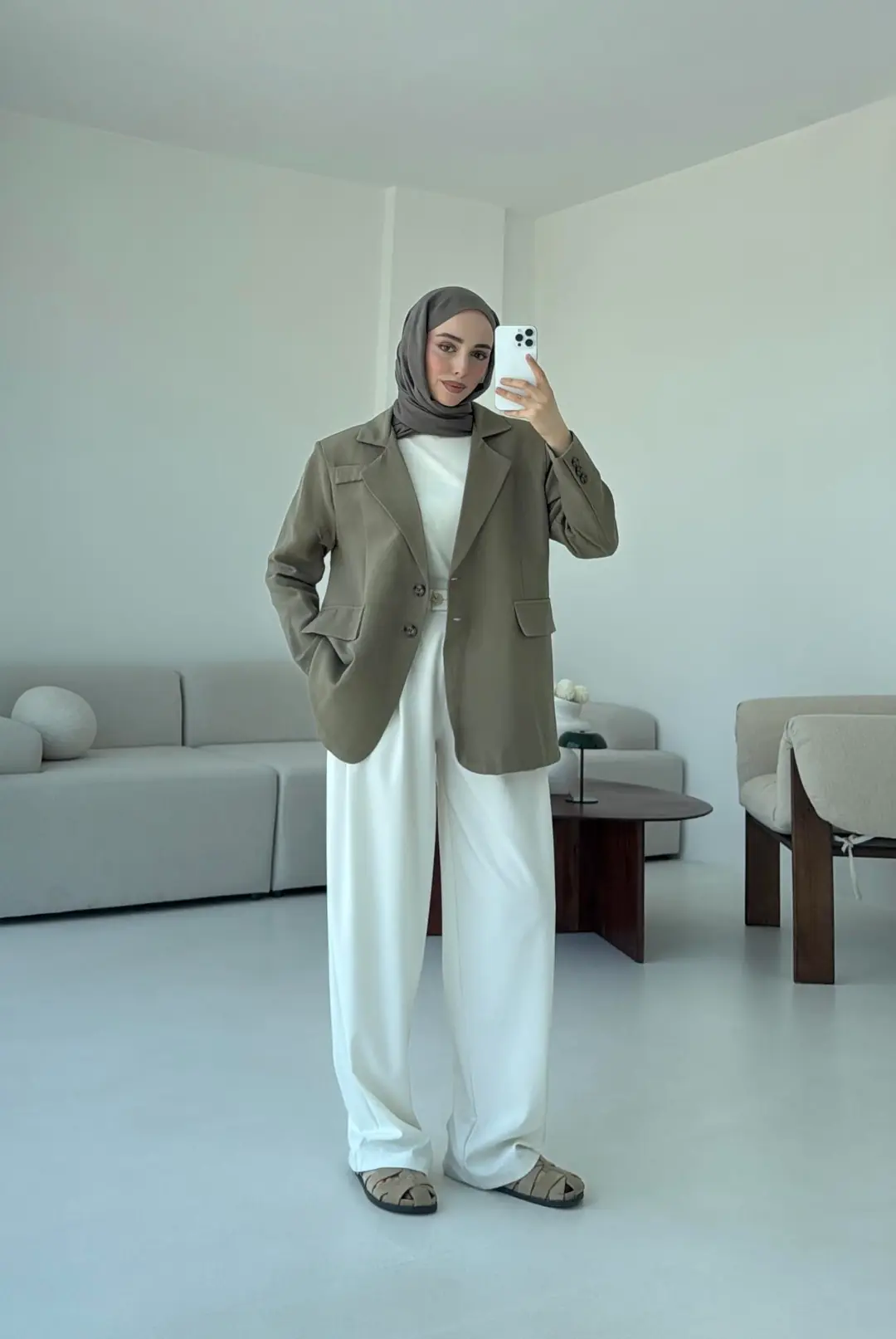 Çift Dügmeli Keten Blazer Haki