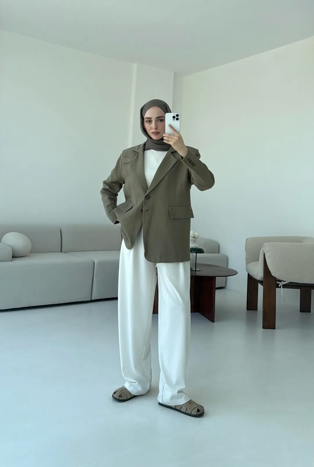 Çift Dügmeli Keten Blazer Haki