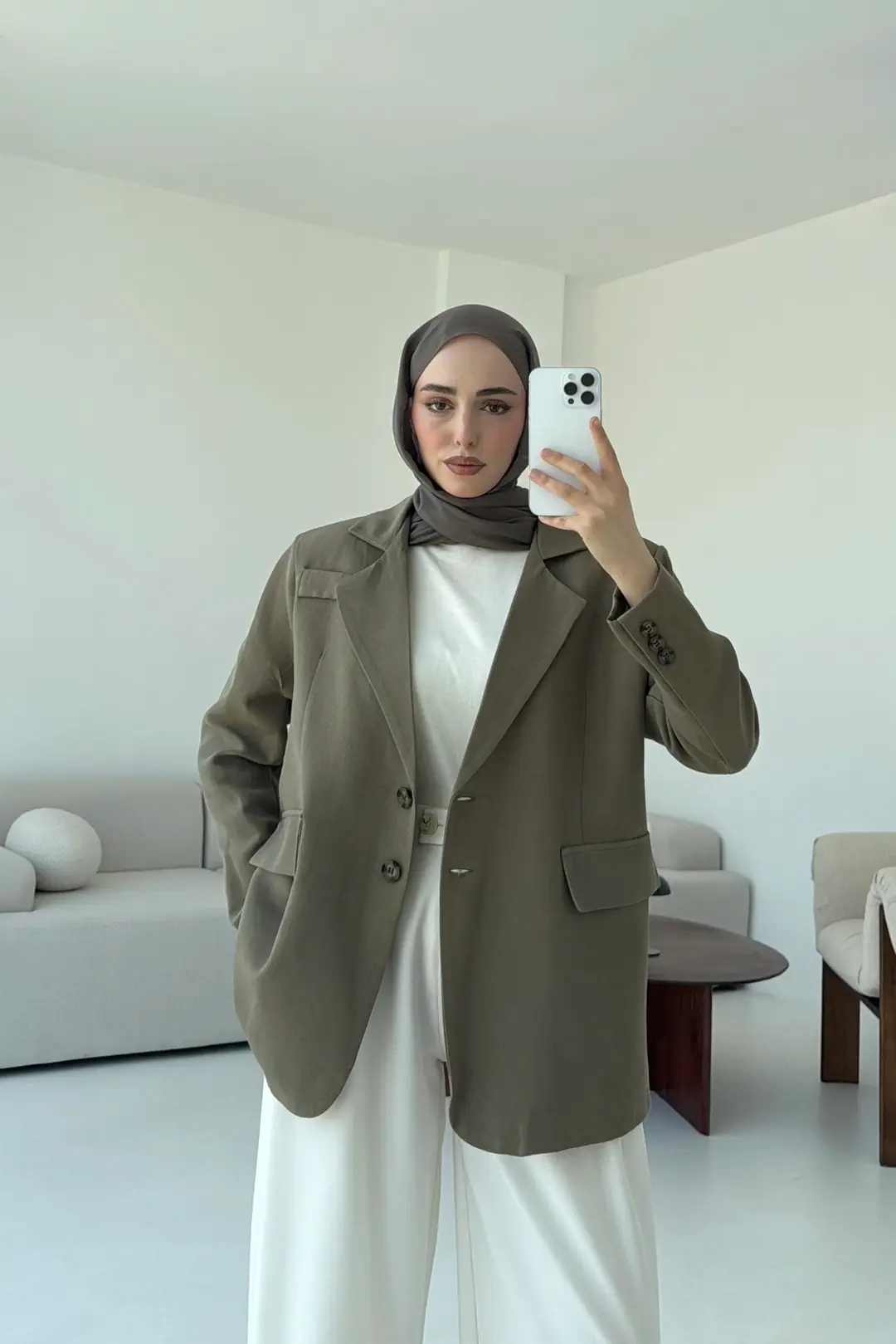 Çift Dügmeli Keten Blazer Haki