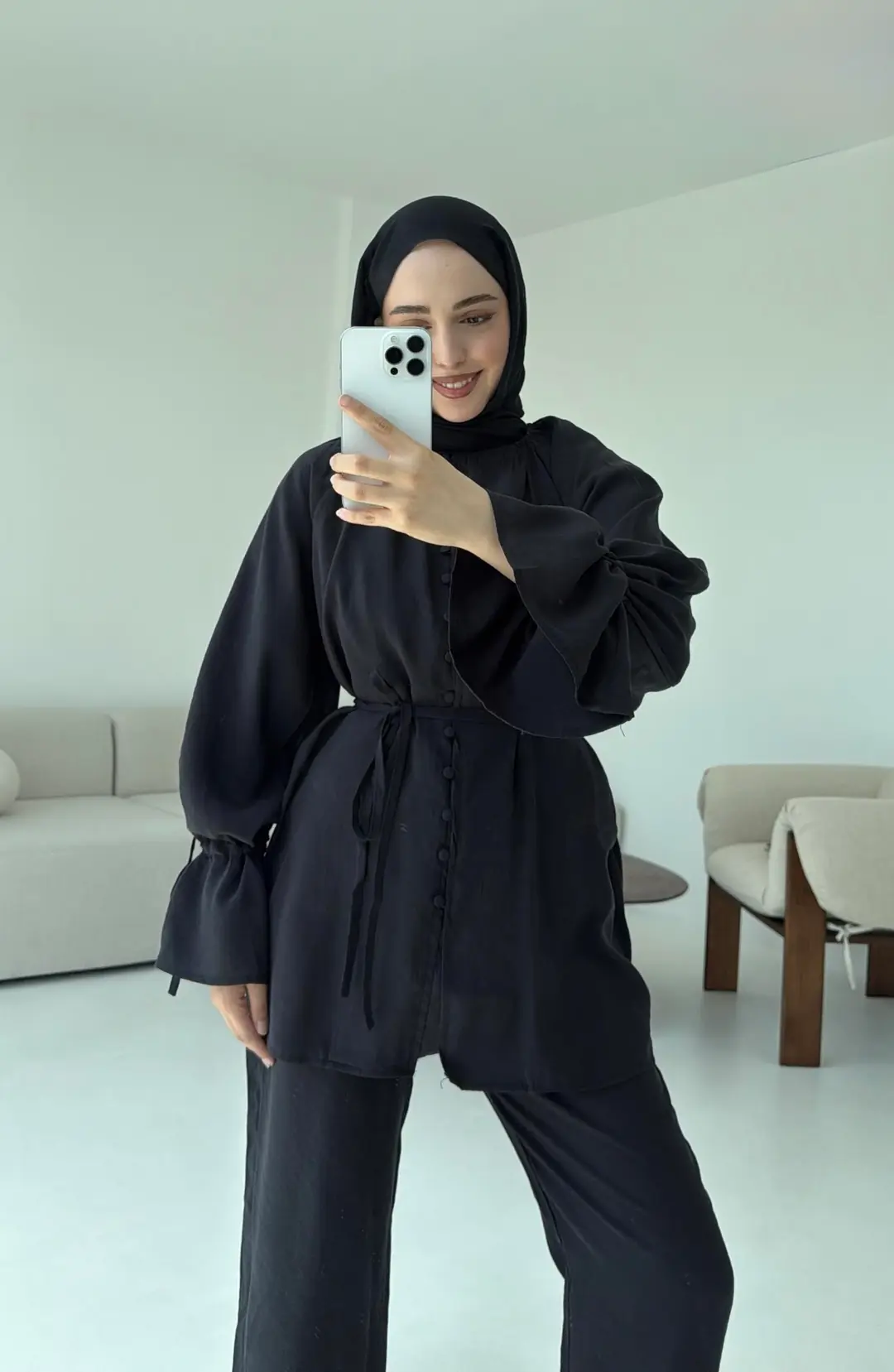 Birit Düğmeli Tencel Takım Siyah