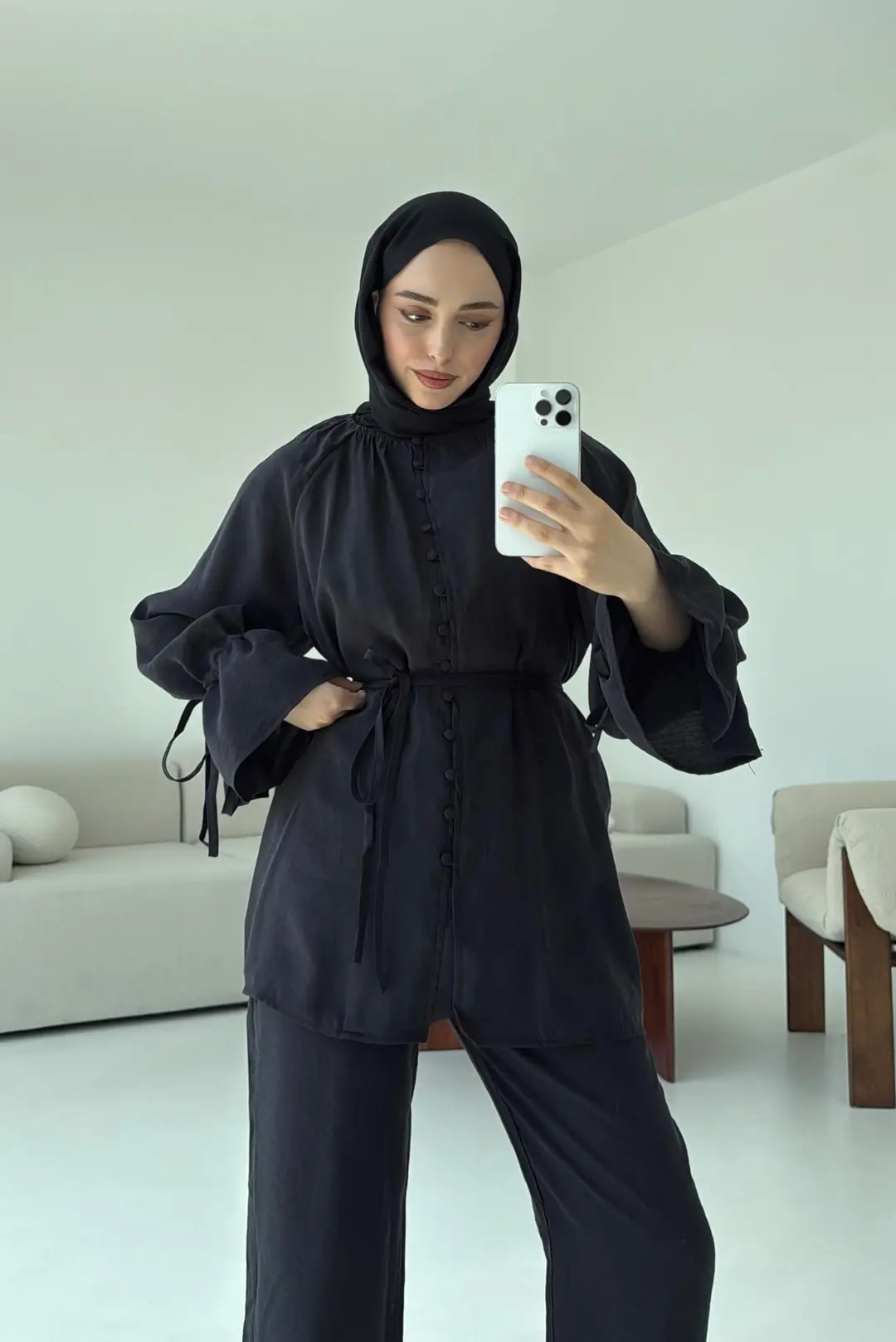Birit Düğmeli Tencel Takım Siyah