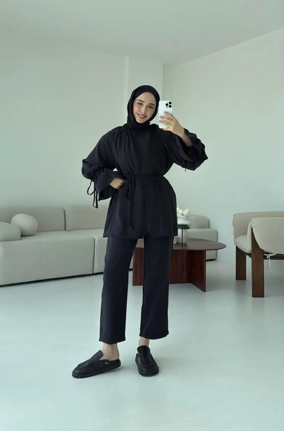 Birit Düğmeli Tencel Takım Siyah