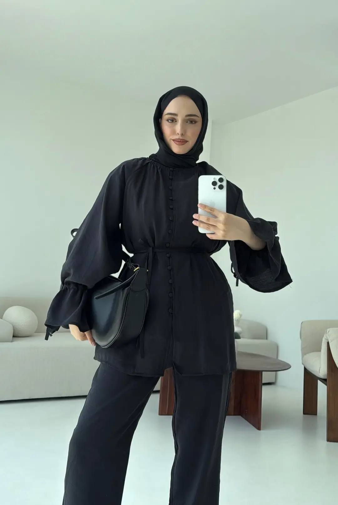 Birit Düğmeli Tencel Takım Siyah