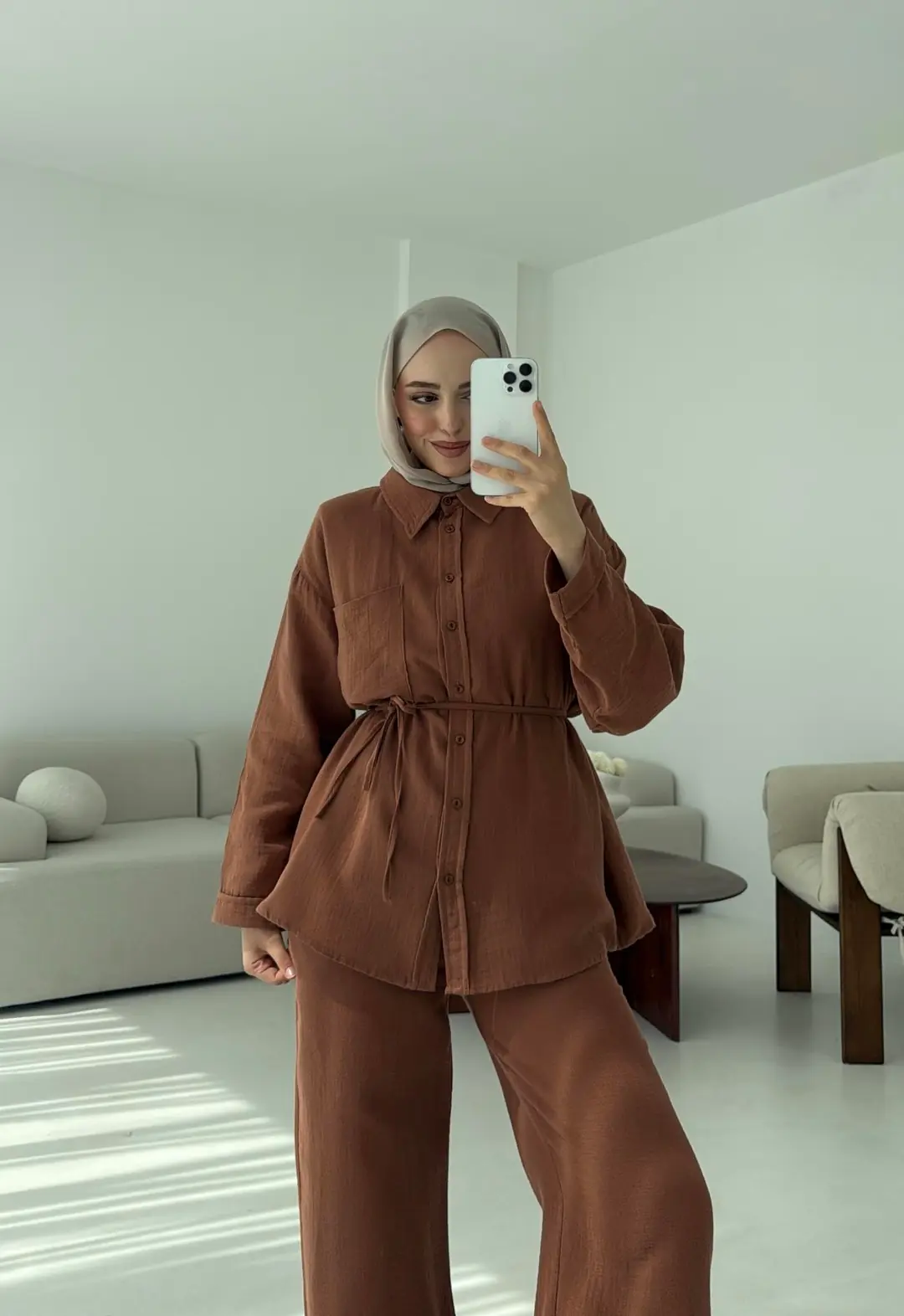 Müslin Pantolon Takım Kahverengi