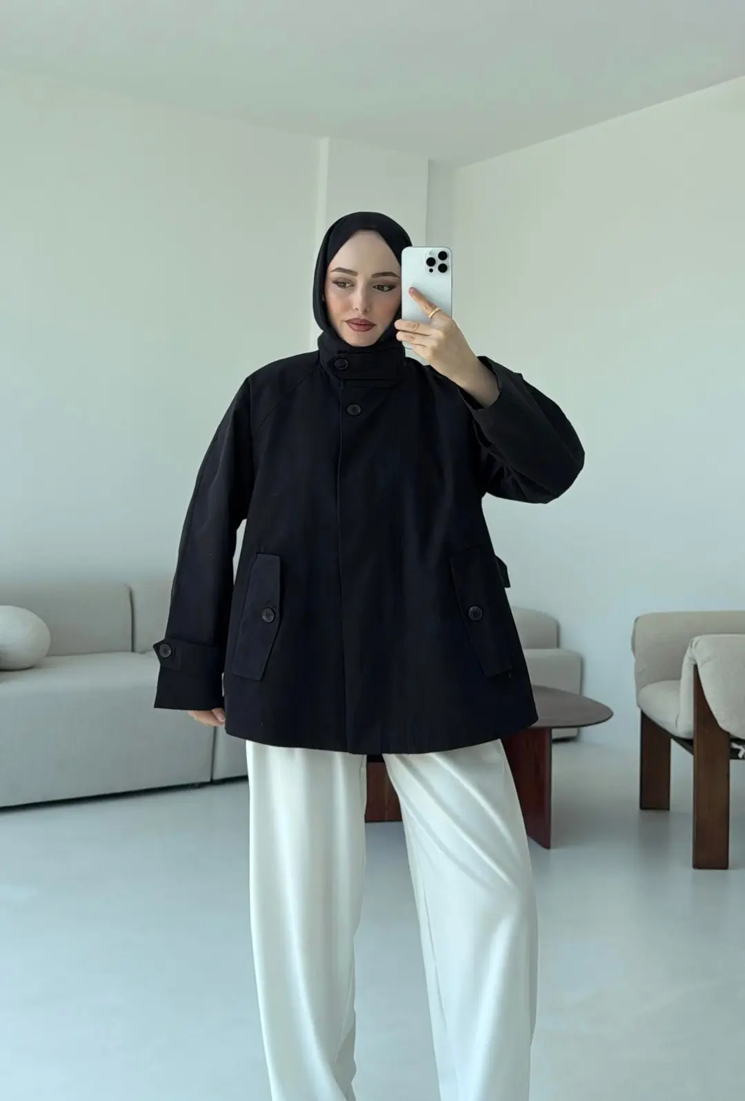 Minimal Yakalı Trençkot Siyah