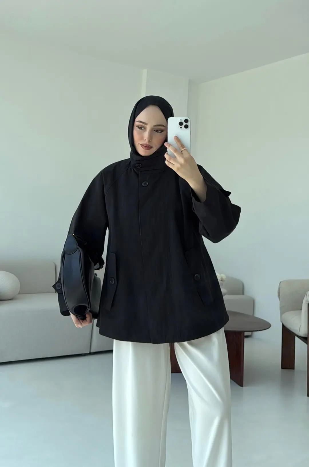 Minimal Yakalı Trençkot Siyah