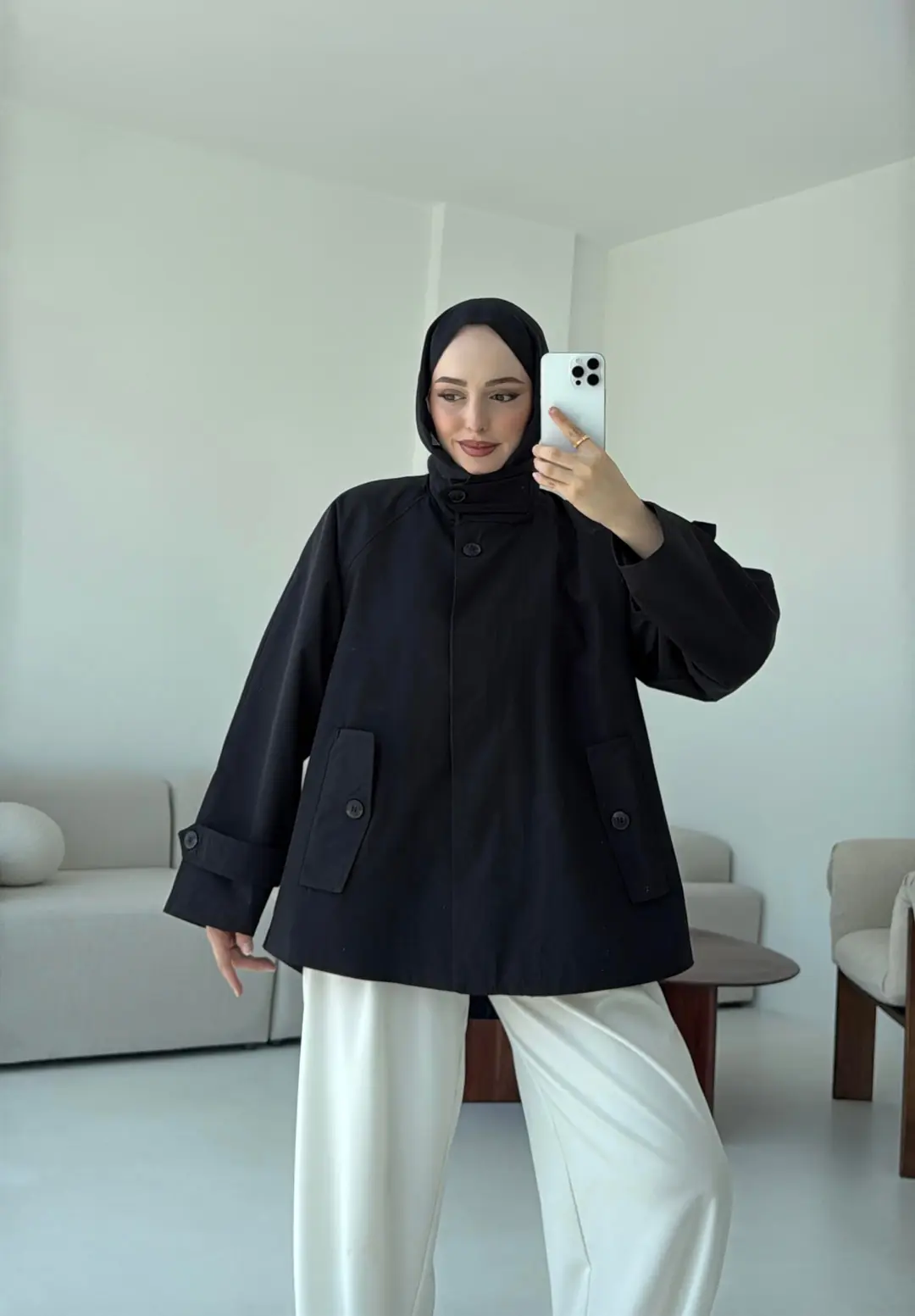 Minimal Yakalı Trençkot Siyah