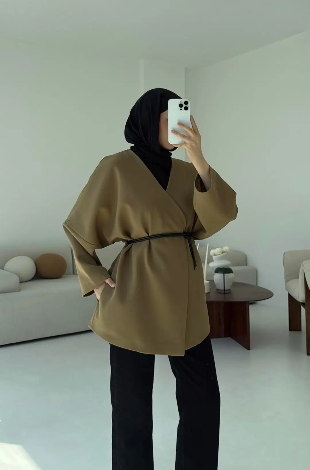 Deri Kemer Detay Oversize Ceket Olive