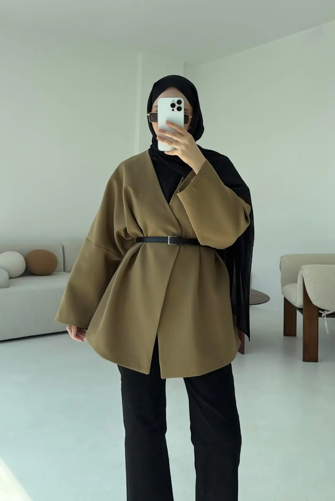 Deri Kemer Detay Oversize Ceket Olive