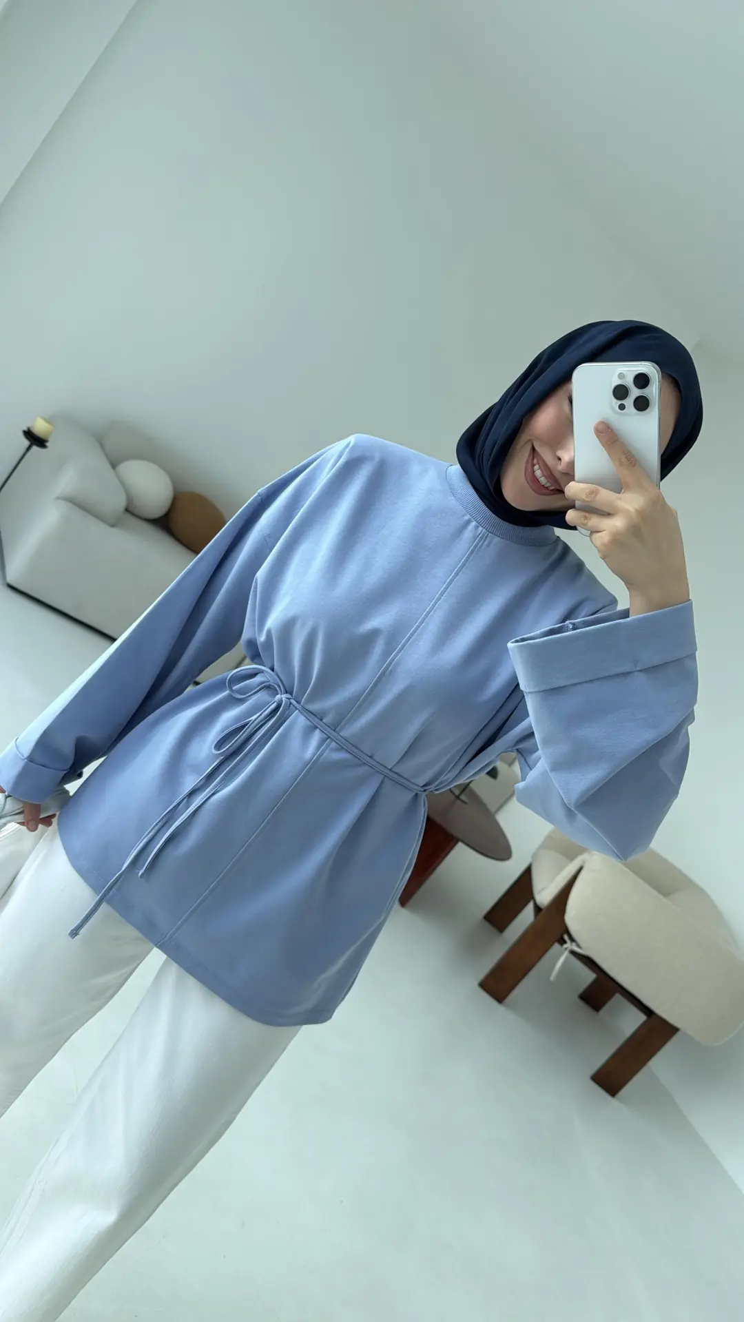 Bağlamalı Yanı Yırtmaç Detay Sweat Mavi