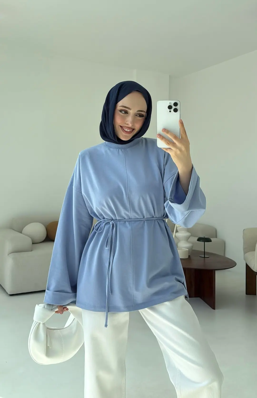 Bağlamalı Yanı Yırtmaç Detay Sweat Mavi