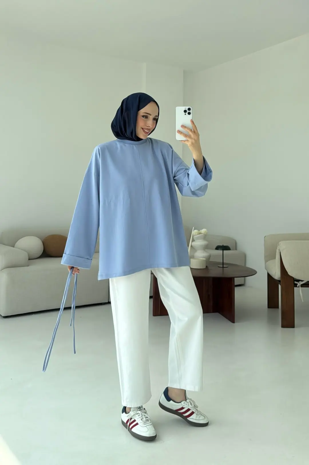 Bağlamalı Yanı Yırtmaç Detay Sweat Mavi